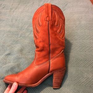 Frye leather and suede high heeled cowboy boots